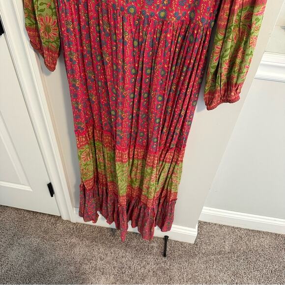 Anthropologie Raga Pink Green Floral Long Sleeve Boho Tassel Maxi Dress Sexy S - Picture 5 of 12